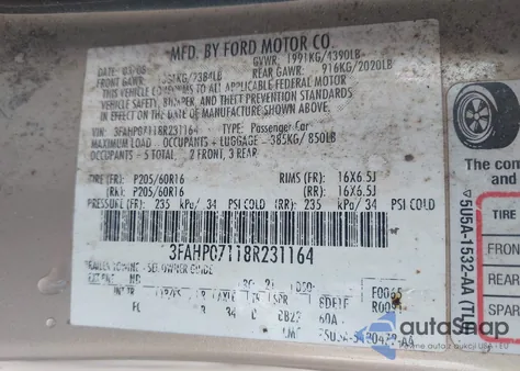 2008 Ford Fusion Se from USA, damaged, VIN 3FAHP07118R231164
